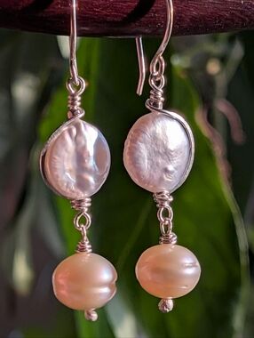 Sterling Silver Pearl Earrings Artisanal Wire-Wrapped Designer Coastal Style